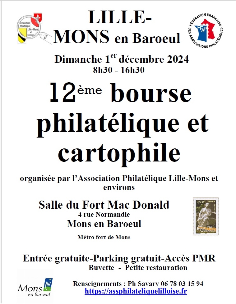 12e bourse philatélique et cartophile Mons-en-Baroeul 1er décembre 2024