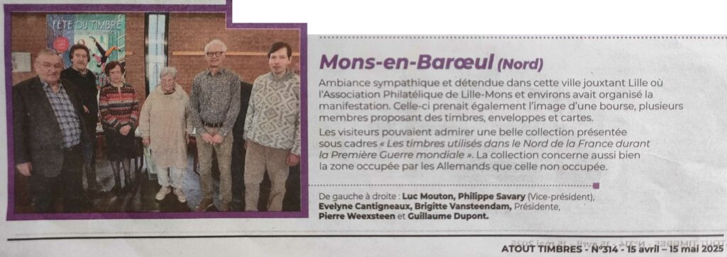 article paru dans Atout Timbres d'Avril 2025 sur la fête du timbre à Mons-en-Baroeul en 2025
