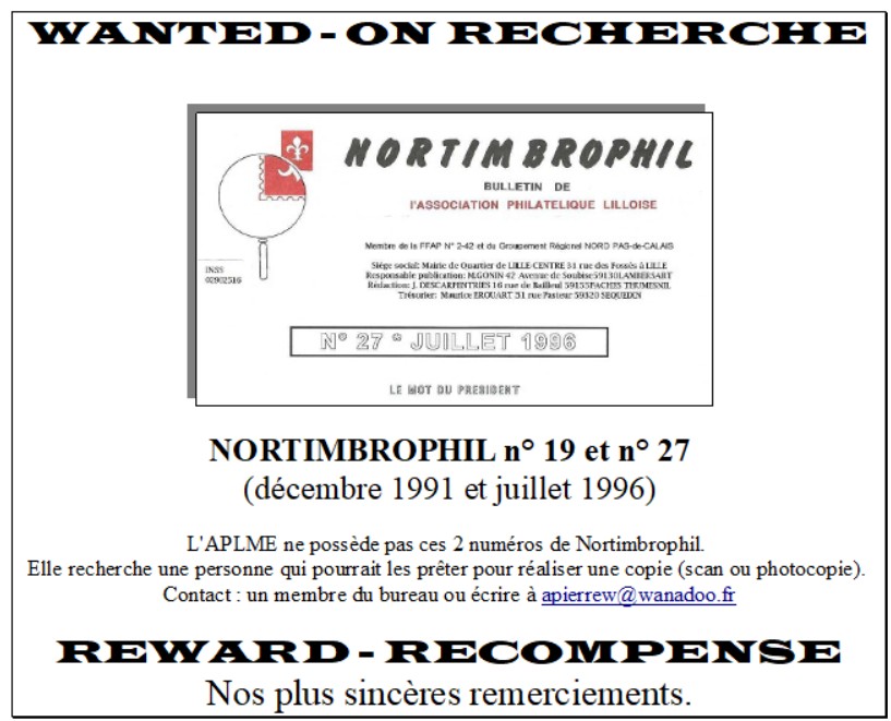 On recherche Nortimbrophil n° 19 de décembre 1991 et n° 27 de juillet 1996
